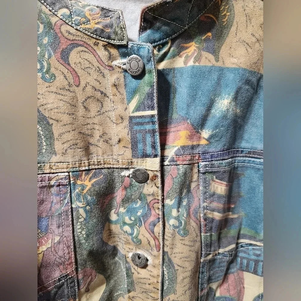 Chico's Design Vintage Japanese Art Print Button Up Denim Jacket - Picture 5 of 10